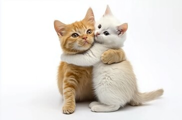 Cuddly Ginger Cat Embracing Adorable White Kitten on Soft White Background with Heartwarming Affection

