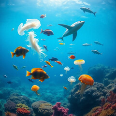 Fototapeta premium Pristine Plastic-Free Ocean with Vibrant Marine Life and Coral Reefs