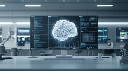 a visual representation of collaborative information knowledge analysis, a futuristic research lab with individuals examining holographic data graphs, vibrant interface lights, clean and modern