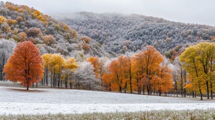 Vibrant trees with orange and yellow leaves stand out against a serene snowy field, showcasing a beautiful contrast of autumn and winter.