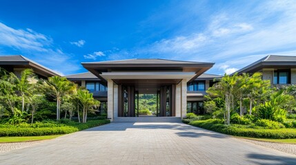 Fototapeta premium Luxurious modern home entrance blending elegance with nature, showcasing timeless architectural 