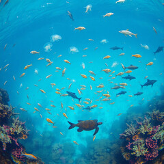 Fototapeta premium Pristine Plastic-Free Ocean with Vibrant Marine Life and Coral Reefs