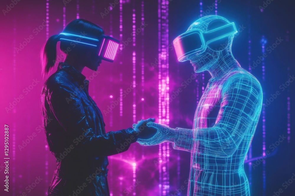 Fototapete Digital avatars engage in social interaction through handshake in immersive virtual environment. Generative AI