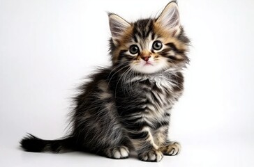 Cute Tabby Kitten Sitting Playfully on White Background with Expressive Eyes
