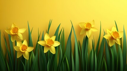 Obraz premium A vibrant display of yellow flowers contrasts beautifully with a yellow wall, complemented by lush green leaves, creating a cheerful atmosphere.