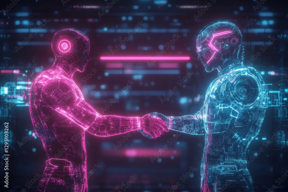 Aufkleber Digital avatars engage in metaverse social interaction by shaking hands in a futuristic virtual environment. Generative AI