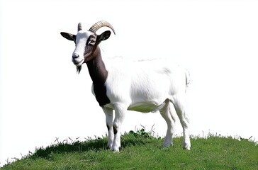Obraz premium Majestic Goat Standing Gracefully on Green Hill with Clear Blue Sky Background 
