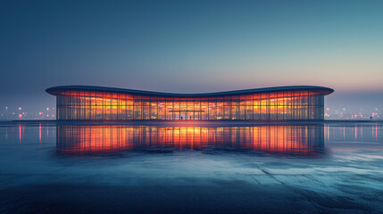 sleek airport building in Shanghai, China, reflecting vibrant colors at dusk