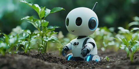Cute AI gardening bot detecting soil moisture and adjusting its watering schedule