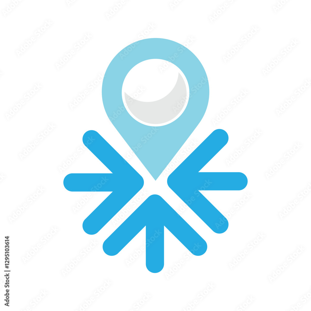 Poster the image shows a flat logo design of a drop pin with three arrows pointing at it in blue color.