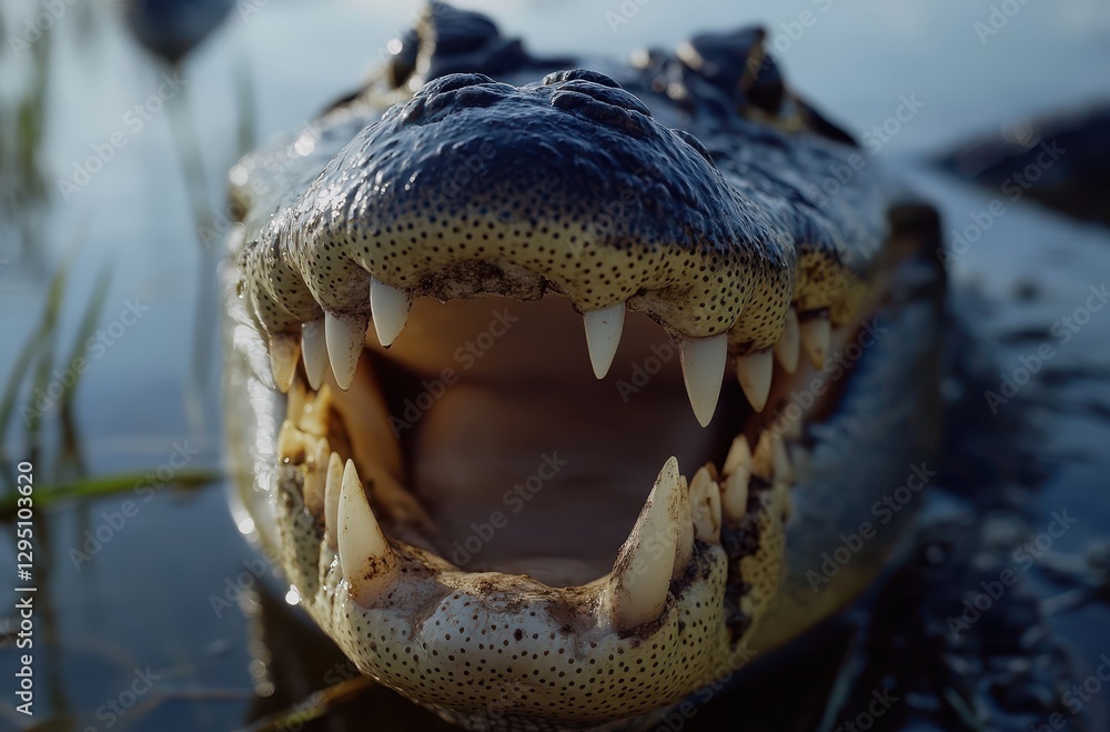 Aufkleber close-up of an alligator displaying sharp teeth and powerful jaw in a natural habitat setting near w