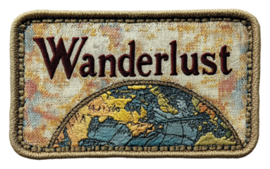 Adventure patch celebrating wanderlust travel textile. Patch design isolated