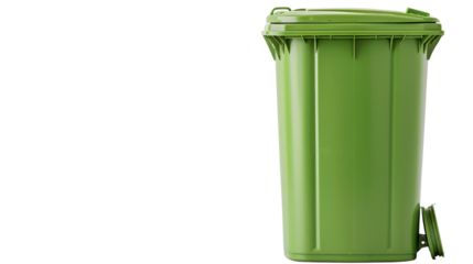 Green wheelie bin on transparent background representing recycling and waste management