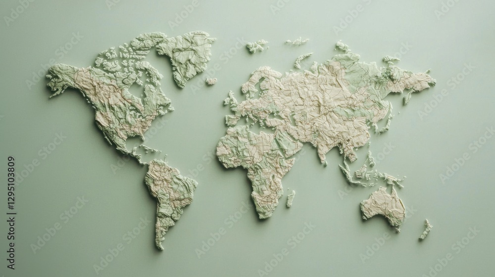 Poster map of the world created with textured materials on a soft green background.