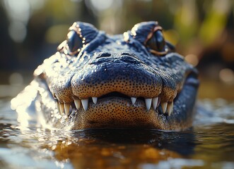 Obraz premium Close-up of an Alligator Emerging from the Water, Showcasing Its Sharp Teeth and Textured Skin, Set Against a Natural Background