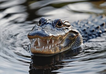Obraz premium Close-Up of an Alligator Head Emerging from Tranquil Water with Sharp Teeth and Detailed Scales Under Natural Light
