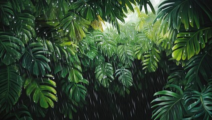 Fototapeta premium Lush Green Rainforest Under the Rain