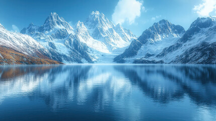 Majestic snow covered mountain peaks rise above serene glacial lake, reflecting stunning landscape
