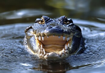 Close-Up of an Alligator Head with Open Mouth and Sharp Teeth Emerging from the Water, Showing a Gentle Rippling Surface and Lush Green Background