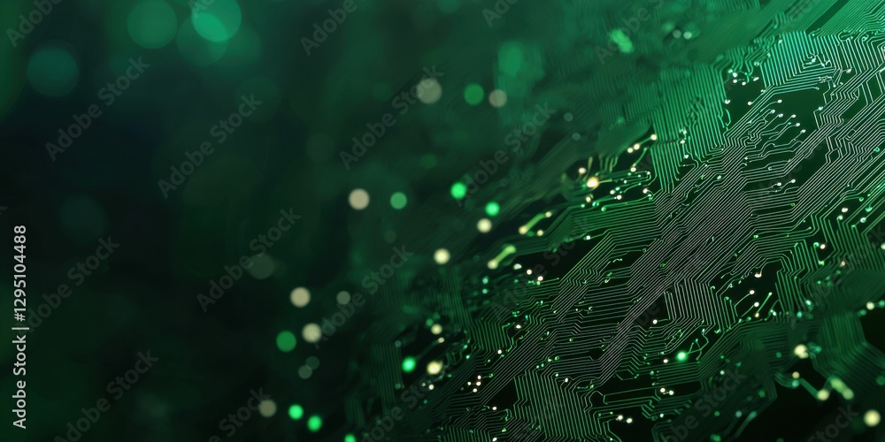 Poster abstract close-up of a circuit board illuminated with green hues and reflective elements.