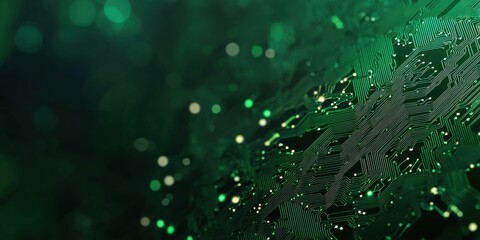 Abstract close-up of a circuit board illuminated with green hues and reflective elements.