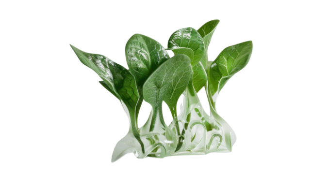 Green spinach leaves are growing from a melting block of ice on a transparent background
