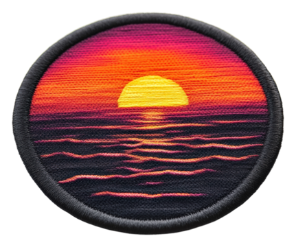 Sunset over the ocean embroidered patch coastal vibe colorful. Patch design isolated