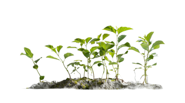 Sequence of growing plants showing growth, development, and progress on transparent background