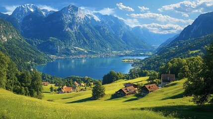 Panoramic view of idyllic alpine lake village nestled in green valley, surrounded by majestic mountains under a vibrant blue sky.
