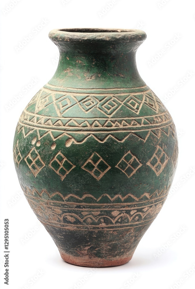 Poster an ancient clay jar with patterns and decorations in a green color on the bottom against a white bac