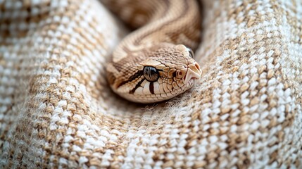 Fototapeta premium Close-up snake resting on textured blanket