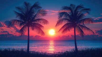 Vibrant sunset over tranquil ocean with silhouetted palm trees and colorful sky