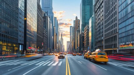 Naklejka premium Cars navigate a bustling city street lined with towering buildings, capturing the vibrant urban life and dynamic movement of the metropolis.