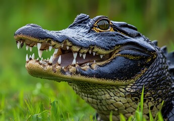 Fototapeta premium Close-Up of an Alligator's Head with Sharp Teeth and Intense Eyes Glimmering in Natural Green Setting Under Soft Sunlight for Wild Animal Photography