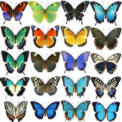 Stunning Collection of Colorful Butterflies Displaying Diverse Patterns and Textures on a White Background
