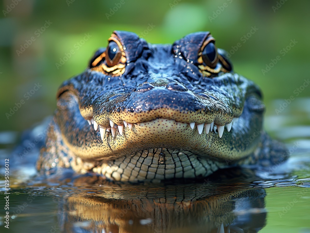 Poster close-up portrait of a alligator with sharp teeth in a tranquil water setting surrounded by lush gre