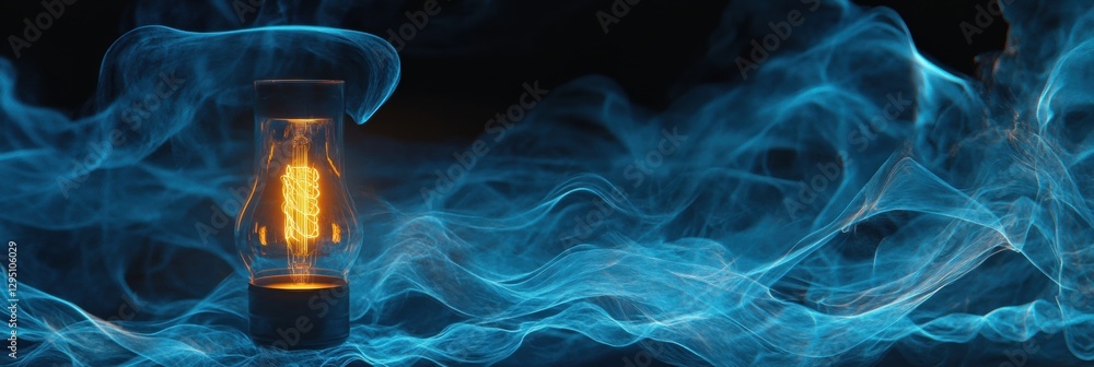 Poster glowing gas lamp surrounded by swirling blue smoke creates an enchanting atmosphere in a darkened sp