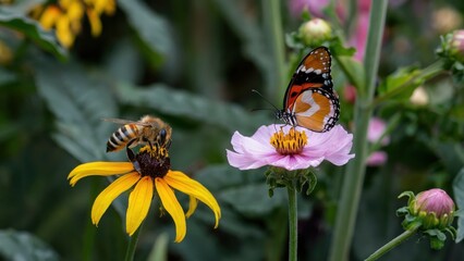 A photo of a bee or butterfly interacting with a flower. The bee has orange and black stripes and is collecting pollen from a yellow flower with a black center