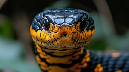 Close-up venomous snake head, forest background, alert pose