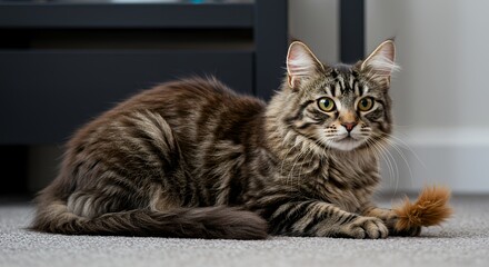 Brown Tabby Cat Lying on Carpet Looking Alert and Playful