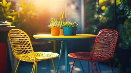 Obraz premium Bright Urban Cafe Seating with Natural Elements