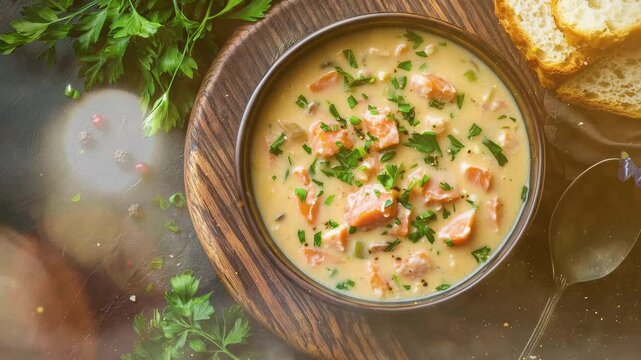 homemade seattle smoked salmon chowder hot soup seamless looping overlay 4k virtual video animation background