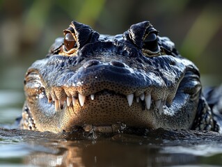 Obraz premium Close-Up Portrait of a Majestic Alligator Emerging from Water with Intricate Scales and Expressive Eyes in a Natural Habitat Setting