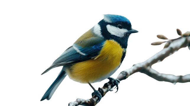 Eurasian blue tit perching on branch with transparent background