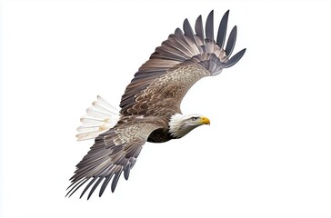 Fototapeta premium Majestic Bald Eagle Soaring Above with Outstretched Wings Against a White Background 