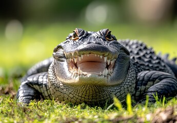 Obraz premium Close-up Portrait of a Smiling Alligator in Natural Habitat with Sharp Teeth and Glistening Skin Surrounded by Green Grass and Soft Sunlight
