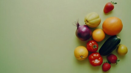 Fresh Produce Still Life on Green Surface Displaying Variety of Vegetables and Fruits