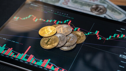Bitcoin on the background of charts, green screen.Bitcoin under government pressure – regulations...