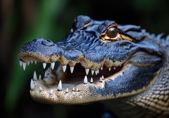 Obraz premium Close-up View of a Crocodile Face Highlighting Sharp Teeth and Intricate Scales in Natural Habitat Setting with Vibrant Background Elements