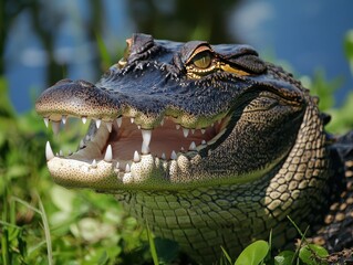 Obraz premium Close-Up View of a Crocodile with Open Mouth Showcasing Sharp Teeth and Intricate Skin Texture Surrounded by Lush Green Grass Near a Waterbody